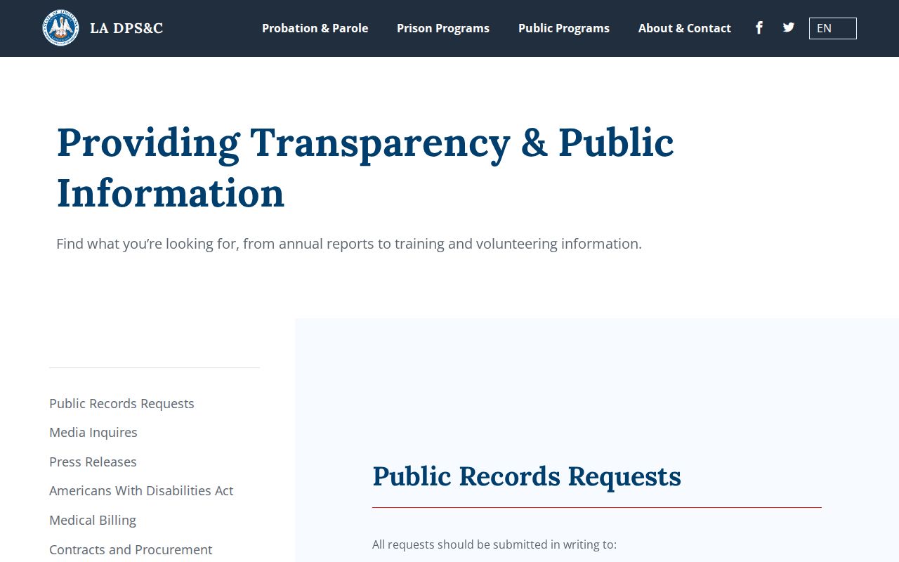 Louisiana DPS&C public information page for state records requests