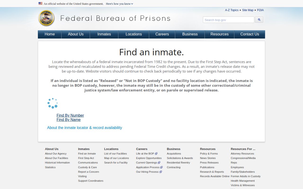 Federal Bureau of Prisons inmate locator for current and released federal prisoners