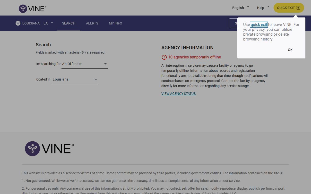 Louisiana VINELink person search for a Natchitoches Parish inmate and release status