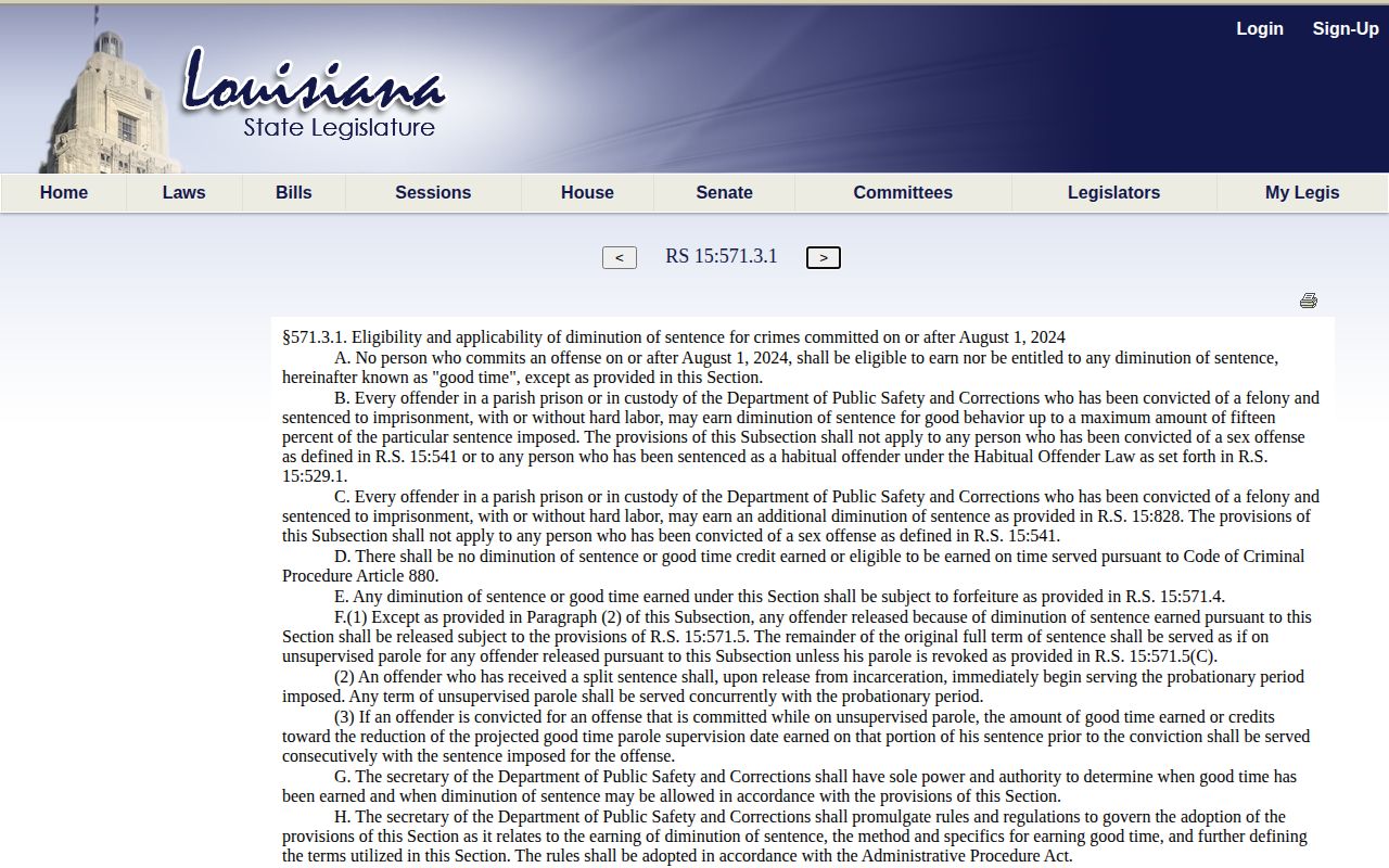 Louisiana statute showing the post-August 1 2024 good-time provision