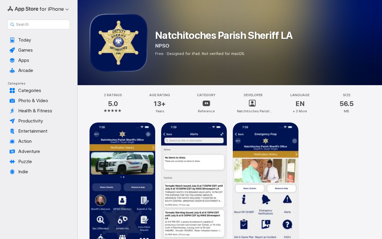 Official Natchitoches Parish Sheriff app listing with no verified 24-hour release feature